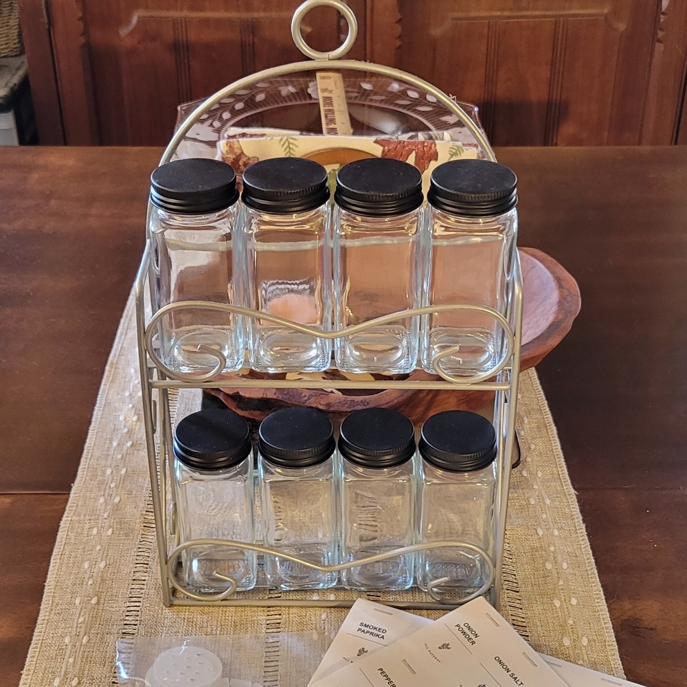 Spice Rack & 8 New Spice Jars With Black Lids, shaker tops and labels